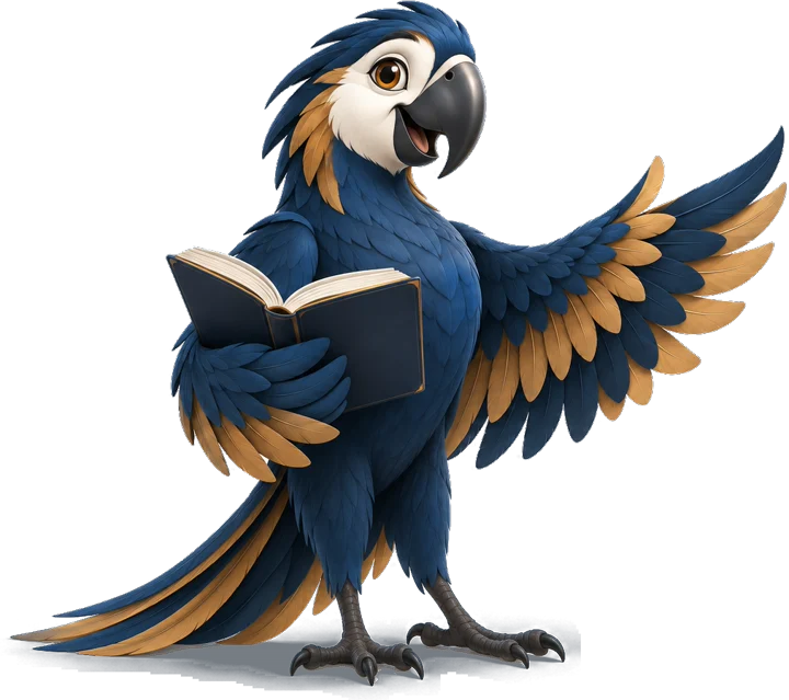 Ará, una guacamaya azul y dorada, con un libro abierto